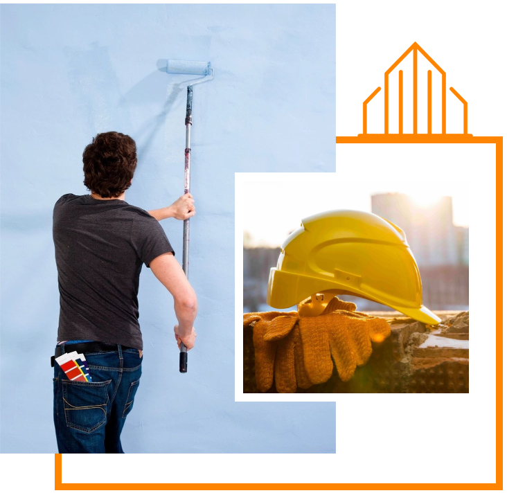 A man painting the wall with a roller and construction hat.